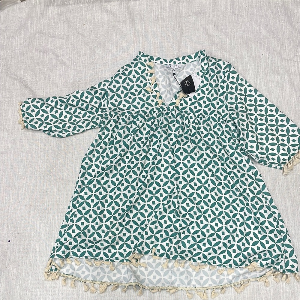 Zele Green and White Geometric Dress